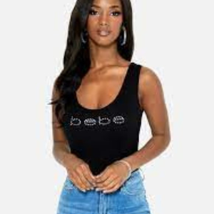 BEBE CRYSTAL‎ LOGO RIBBED BLACK TANK TOP SLEEVELESS COCKTAIL XS